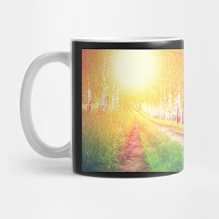 Alley of green birches against sunrise Mug